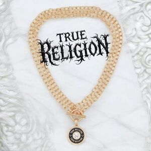 NWT True Religion Double Chain Gold Necklace With Logo Pendant